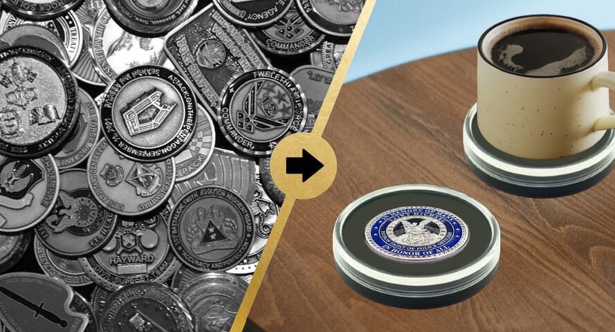 Tabletop Challenge Coin Holder with Coffee