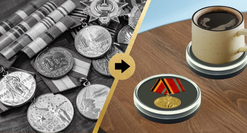 Tabletop Military Medal Display Case with Coffee Mug